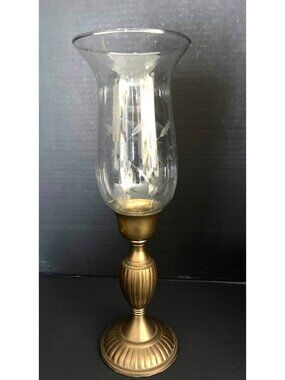 Vintage Solid Brass Hurricane Candle Holder rFloral Etched Bell Shaped Chimney